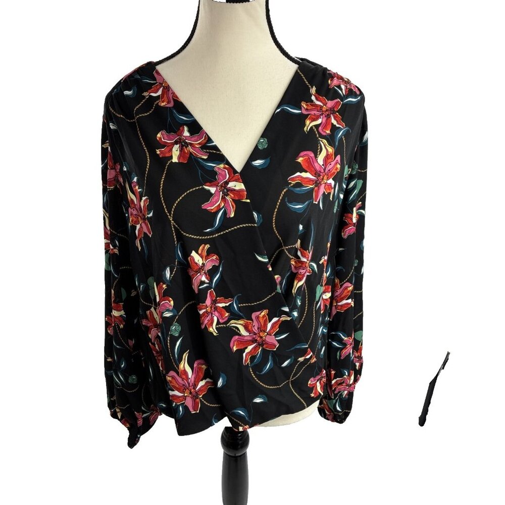 INC Blouse S Black Floral Wrap V Neck Long Sleeve Dressy Casual Top